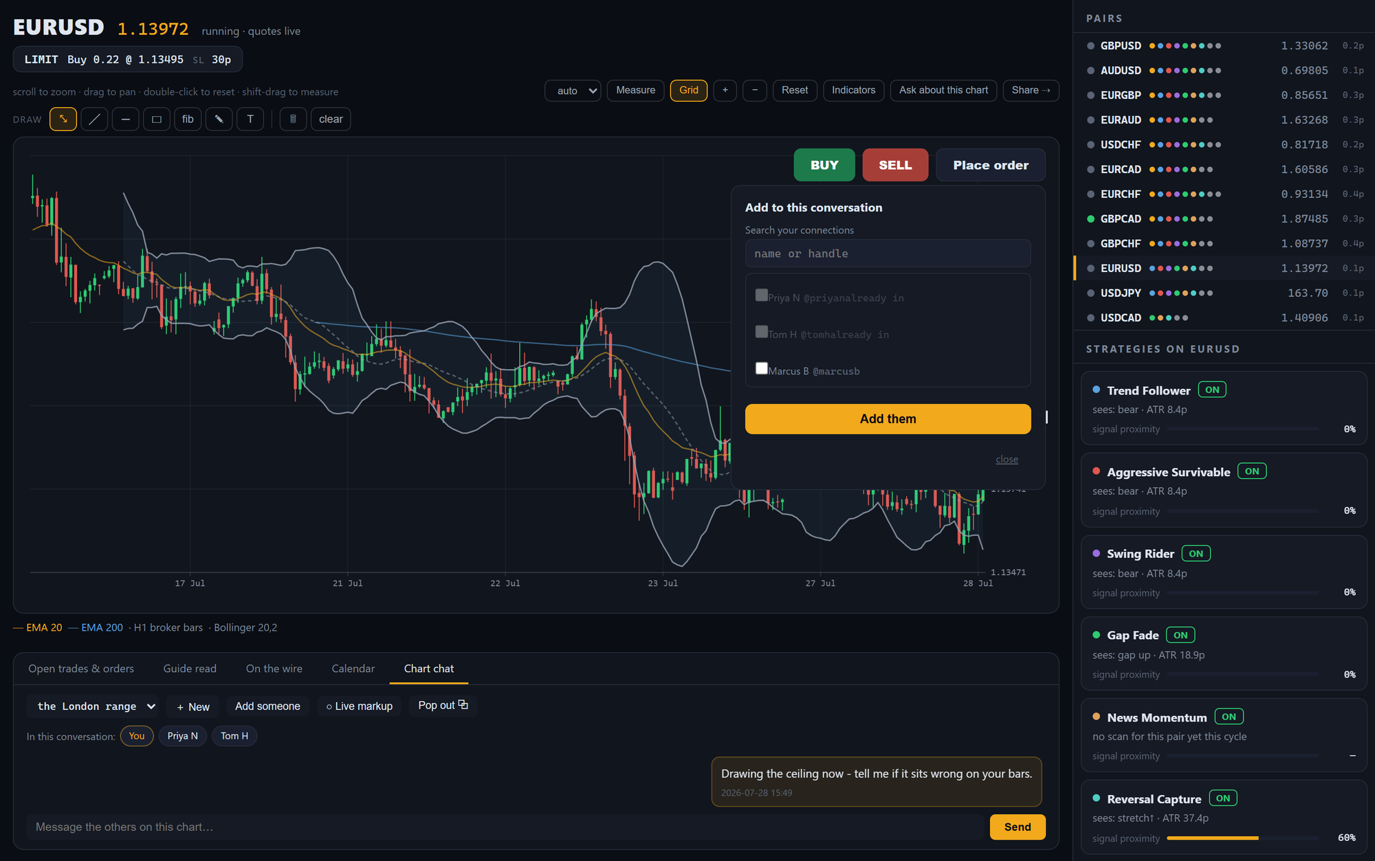 The connection picker: a searchable list of your connections with checkboxes, over the chart