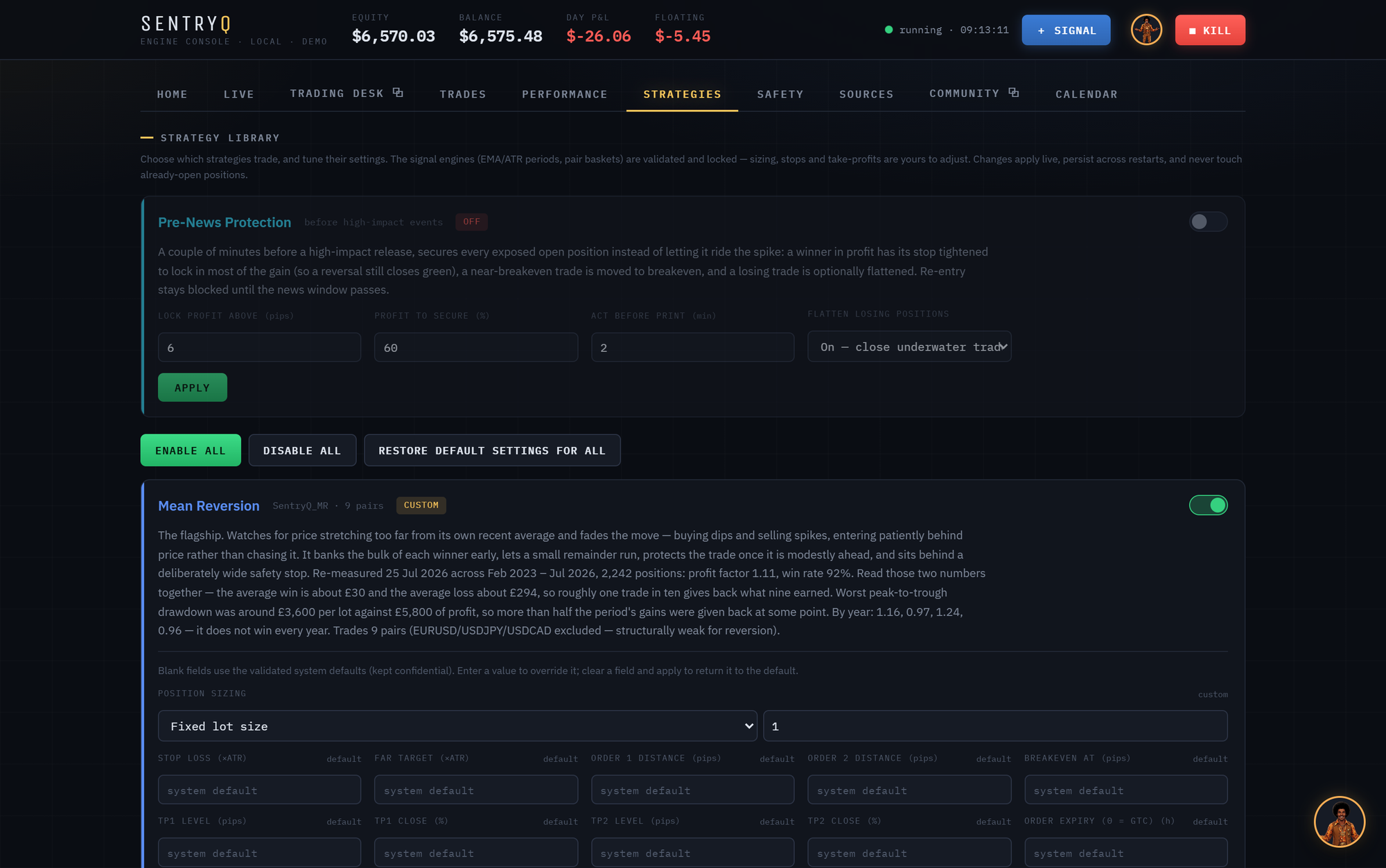 The strategy library in the app — each strategy carrying its real profit factor, worst drawdown and the years it lost