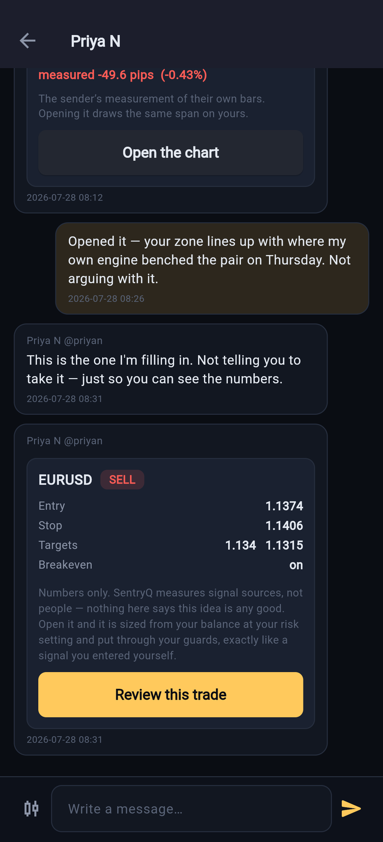 A shared trade card on mobile with entry, stop, targets and a Review this trade button